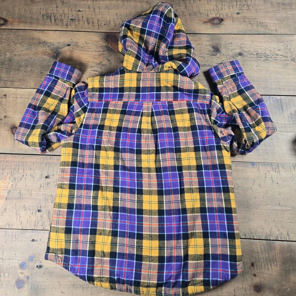 LL Bean Relaxed Fit Sherpa Lined Flannel Hoodie Purple Gold Plaid 505453 Small